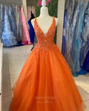 Prom Dress 2025 Sparkly Lace Applique Cheap Prom Dresses 2024 V-Neck Open Back 24230-unique elegant Prom Dresses-Orange-Custom Size-vigocouture