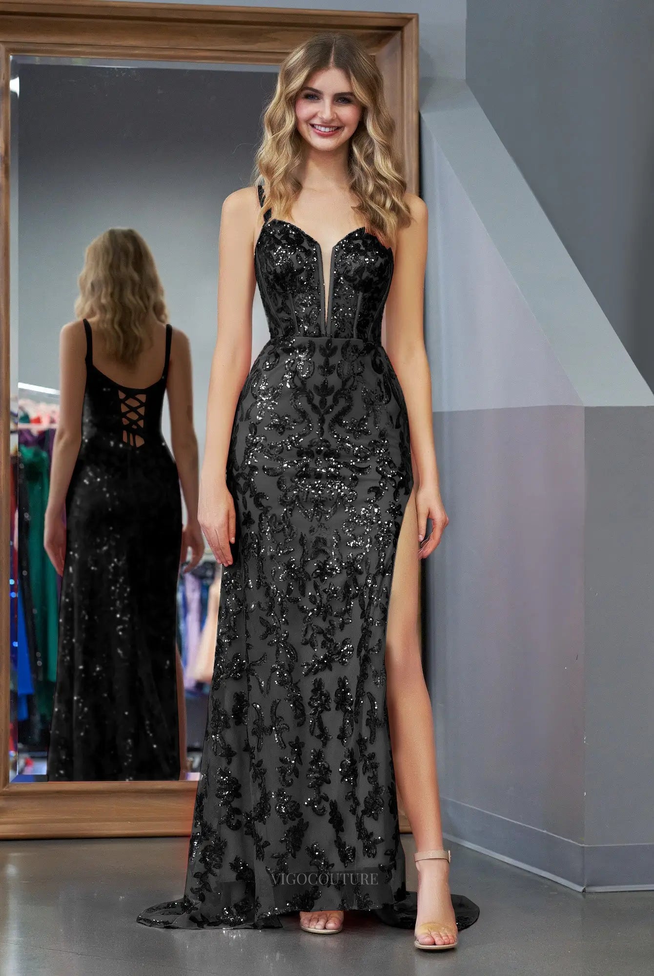 Prom Dresses 2025 to impress Sparkly Lace Mermaid Prom Dresses 2025 Spaghetti Strap Formal Dresses with Slit – 25129-vigocouture-Black-Custom Size-vigocouture