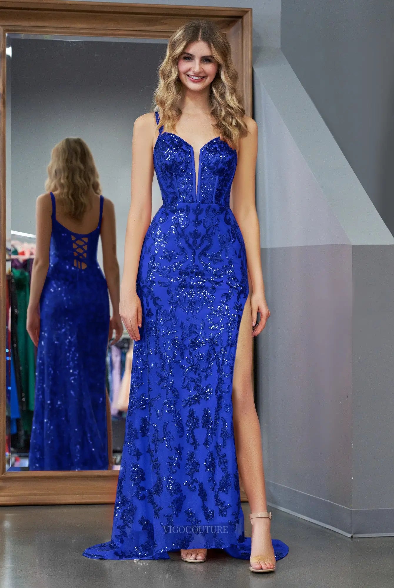 Prom Dresses 2025 to impress Sparkly Lace Mermaid Prom Dresses 2025 Spaghetti Strap Formal Dresses with Slit – 25129-vigocouture-Blue-Custom Size-vigocouture