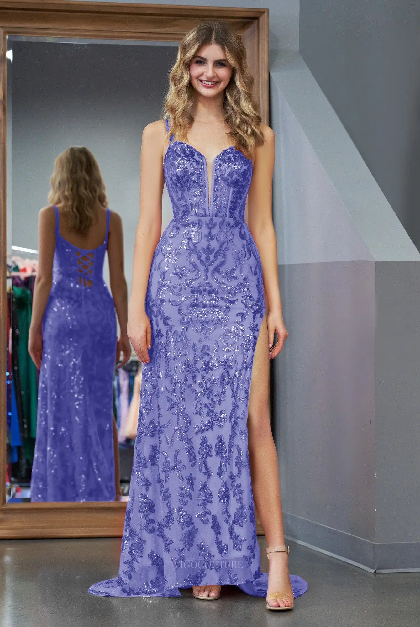 Prom Dresses 2025 to impress Sparkly Lace Mermaid Prom Dresses 2025 Spaghetti Strap Formal Dresses with Slit – 25129-vigocouture-Lavender-Custom Size-vigocouture