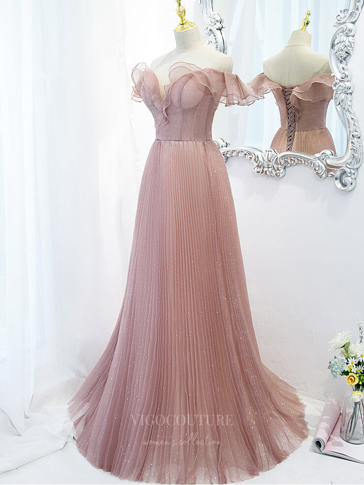 Prom Dress 2025 Sparkly Lace Off the Shoulder Prom Dress 20888-unique elegant Prom Dresses-Pink-Custom Size-vigocouture