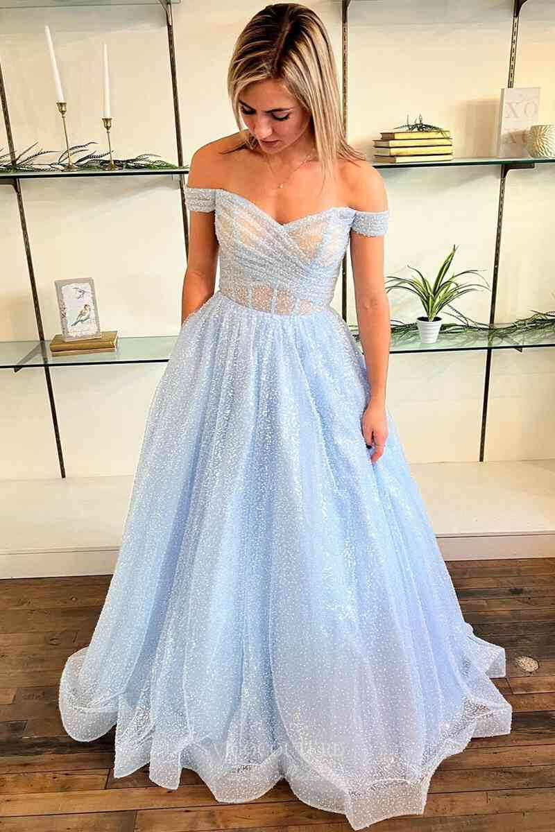 Prom Dress 2025 Sparkly Lace Off the Shoulder Prom Dresses Sheer Boned Bodice 24353-unique elegant Prom Dresses-Light Blue-Custom Size-vigocouture