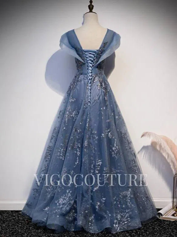 Prom Dress 2025 Sparkly Lace Prom Dress 2022 Boat Neck Prom Gown-unique elegant Prom Dresses-Blue-US2-vigocouture