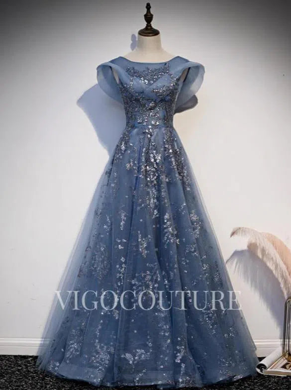 Prom Dress 2025 Sparkly Lace Prom Dress 2022 Boat Neck Prom Gown-unique elegant Prom Dresses-Blue-US2-vigocouture