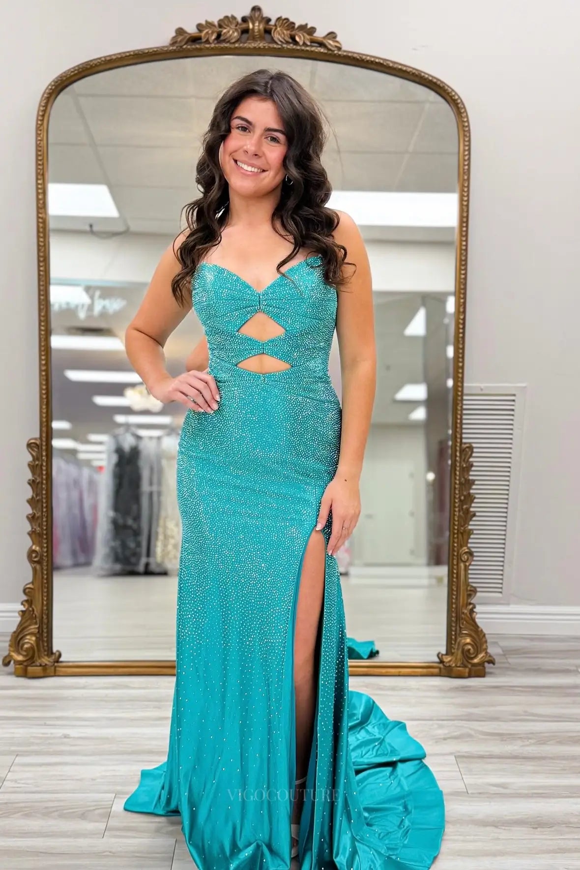 Prom Dresses 2025 to impress Sparkly Rhinestone Cutout Mermaid Prom Dress with Sweetheart Neck & High Slit – 26043-vigocouture-Green-Custom Size-vigocouture