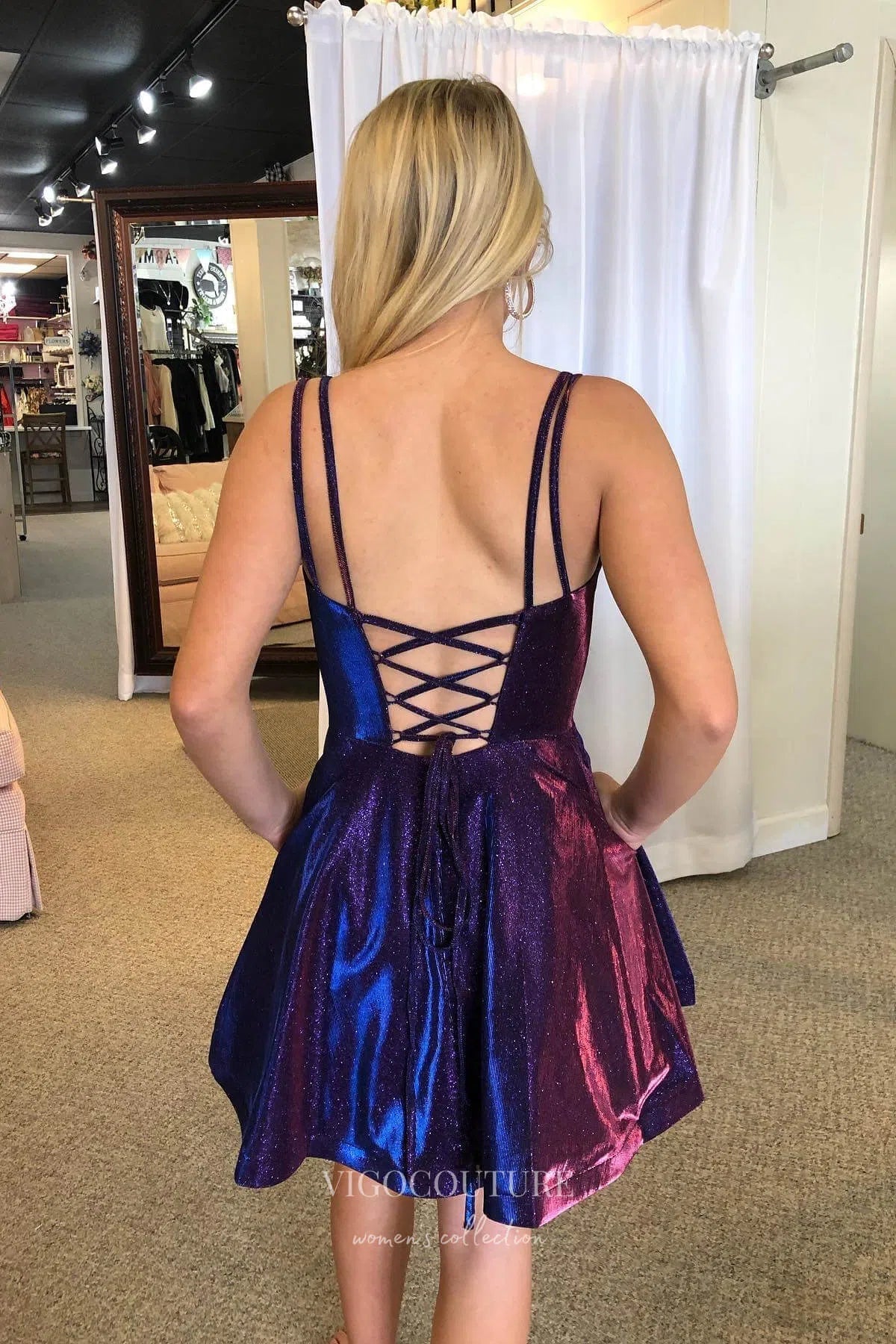 Sparkly Satin Homecoming Dress with Pockets and Spaghetti Strap hc243 - Custom Colors / US6 Sparkly Satin Homecoming Dress with Pockets and Spaghetti Strap hc243 - Custom Colors / US6