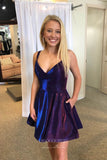 Short Prom Dresses 2025 Sparkly Satin Homecoming Dress with Pockets and Spaghetti Strap hc243-Prom Dresses-vigocouture-Blue-US0-vigocouture