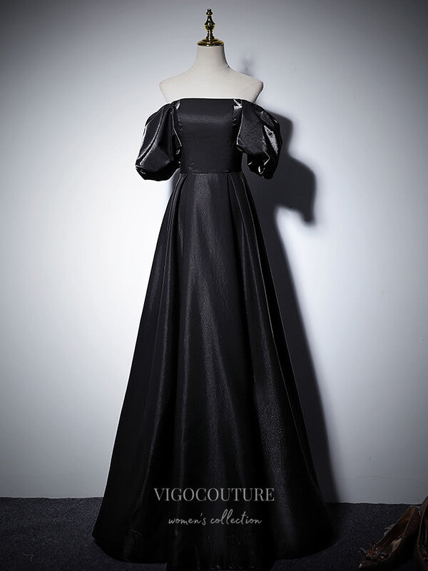 Prom Dress 2025 Sparkly Satin Prom Dresses Puffed Sleeve Formal Dresses 21060-unique elegant Prom Dresses-Black-Custom Size-vigocouture