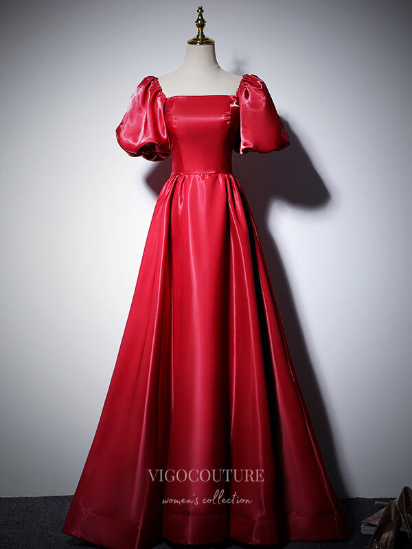 Prom Dress 2025 Sparkly Satin Prom Dresses Puffed Sleeve Formal Dresses 21060-unique elegant Prom Dresses-Red-Custom Size-vigocouture