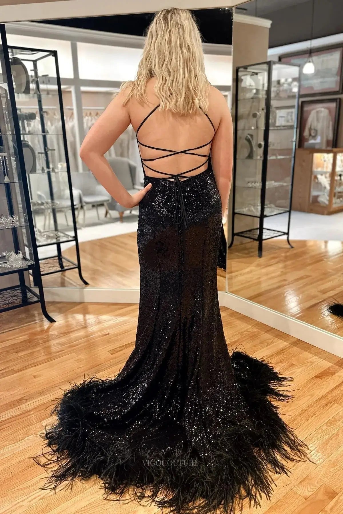 Blue Sequin Feather Back Mermaid Sparkly Long Prom Dress With Slit US6 / Black Blue Sequin Feather Back Mermaid Sparkly Long Prom Dress With Slit US6 / Black