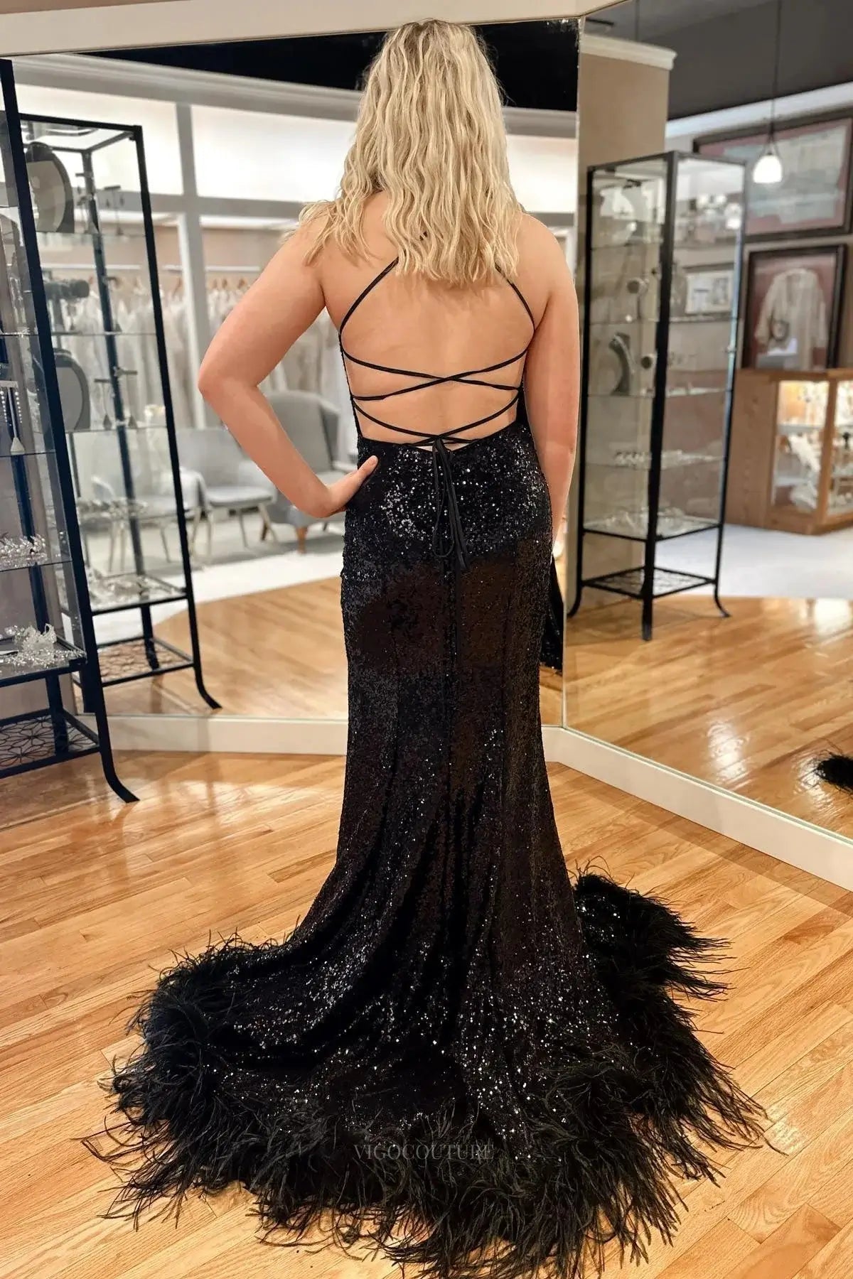 Prom Dresses 2025 to impress Sparkly Sequin Feather Prom Dresses with slit Spaghetti Strap Formal Dress – 25175-vigocouture-vigocouture