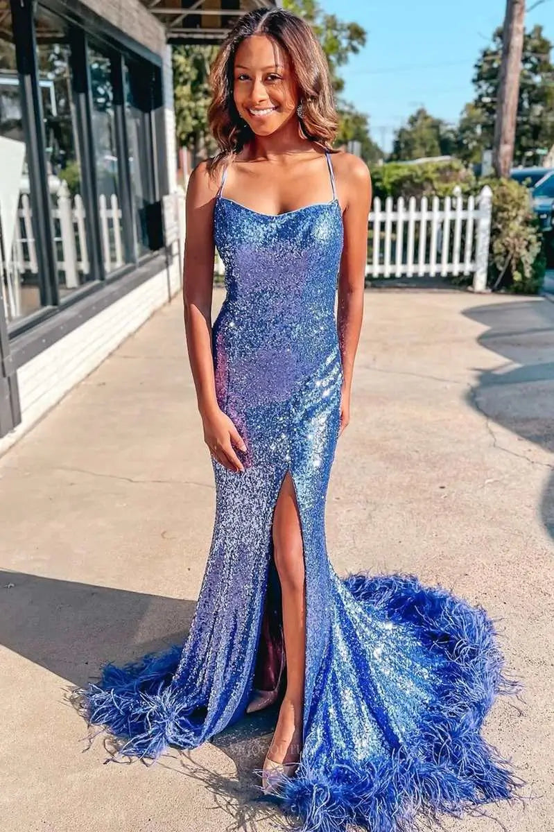 Prom Dresses 2025 to impress Sparkly Sequin Feather Prom Dresses with slit Spaghetti Strap Formal Dress – 25175-vigocouture-Blue-Custom Size-vigocouture