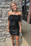 Short Prom Dresses 2025 Sparkly Sequin Hoco Dresses Strapless Feather Bodycon Dresses hc203-Prom Dresses-vigocouture-Black-US0-vigocouture