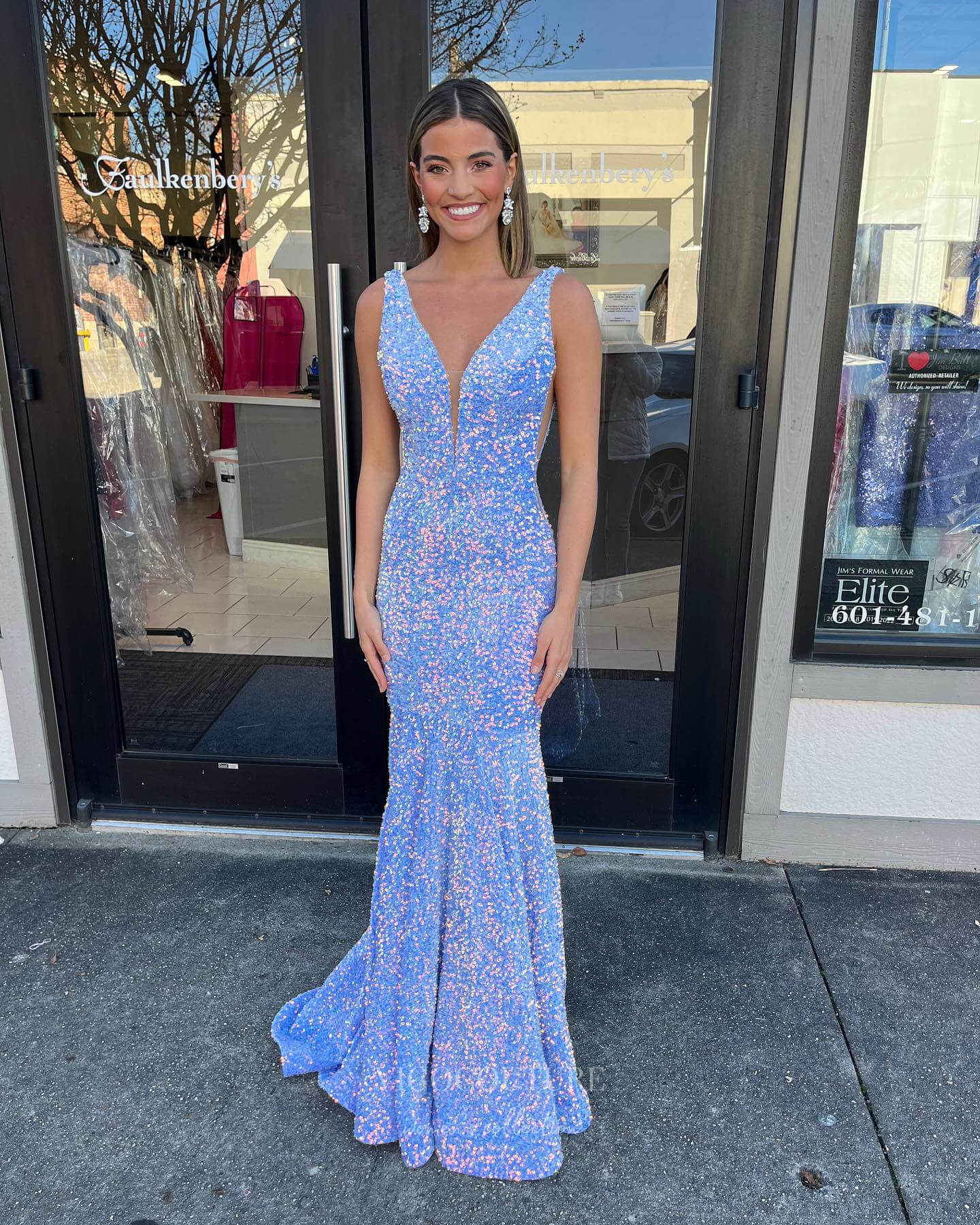 Sparkly Sequin Mermaid Cheap Prom Dresses V-Neck Evening Dress 24330