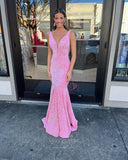 Prom Dress 2025 Sparkly Sequin Mermaid Cheap Prom Dresses V-Neck Evening Dress 24330-unique elegant Prom Dresses-Pink-Custom Size-vigocouture