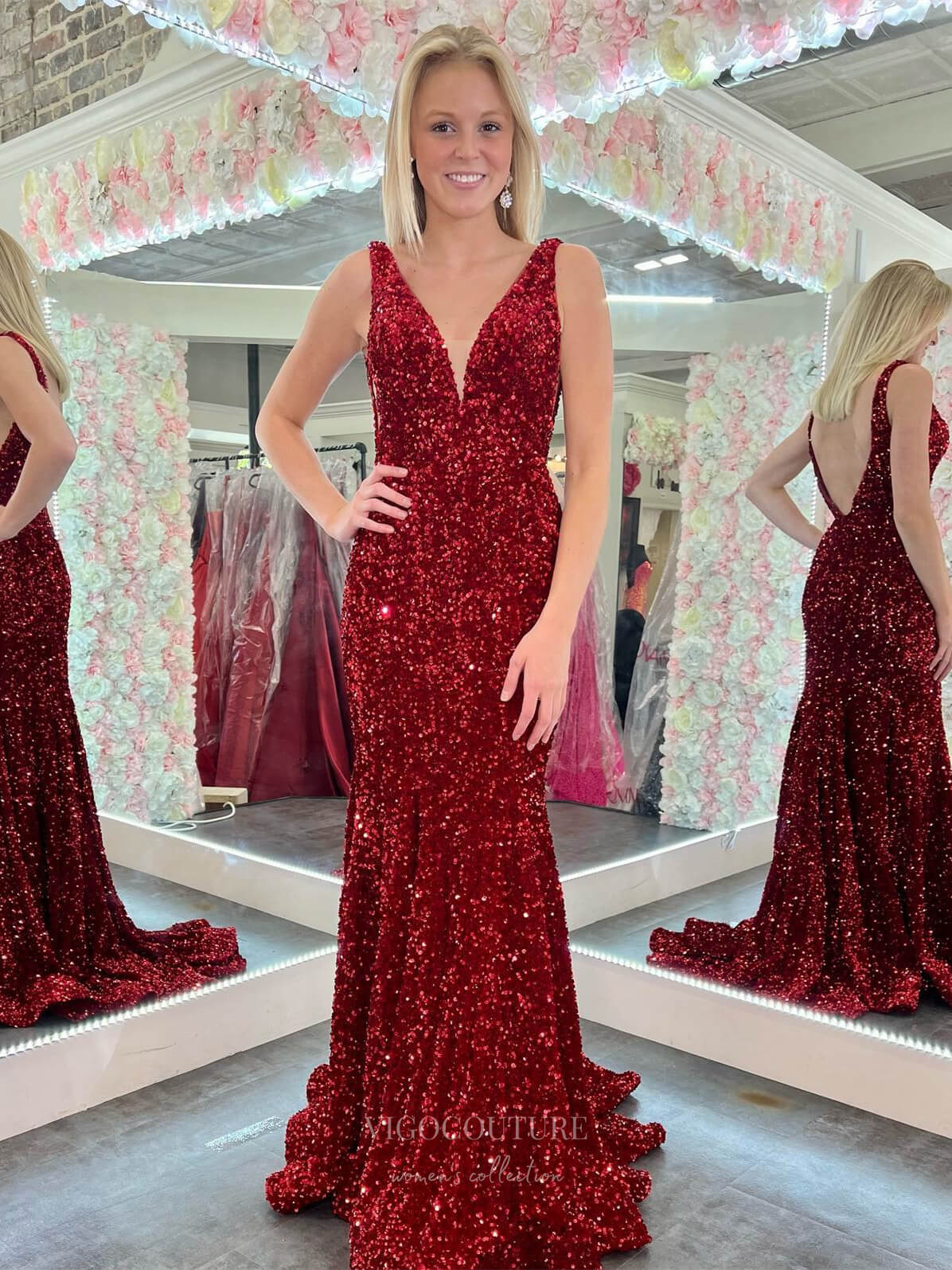 Prom Dress 2025 Sparkly Sequin Mermaid Cheap Prom Dresses V-Neck Evening Dress 24330-unique elegant Prom Dresses-Red-Custom Size-vigocouture