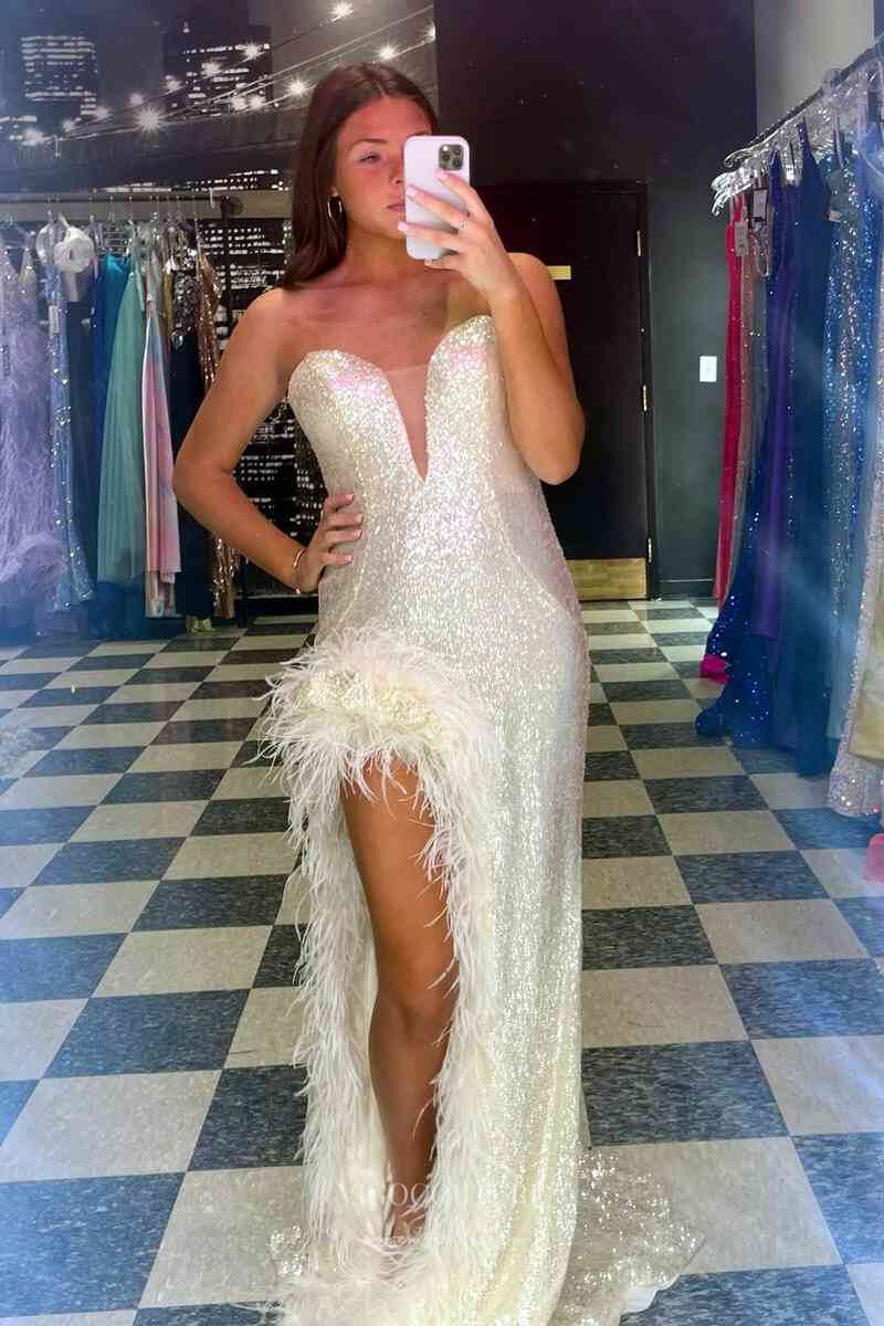 Prom Dress 2025 Sparkly Sequin Mermaid Prom Dresses with Feather Slit Strapless Plunging V-Neck 24238-unique elegant Prom Dresses-Ivory-Custom Size-vigocouture