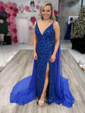 Prom Dress 2025 Sparkly Sequin Mermaid Prom Dresses with Slit Cape Sleeve V-Neck 24135-unique elegant Prom Dresses-Blue-Custom Size-vigocouture