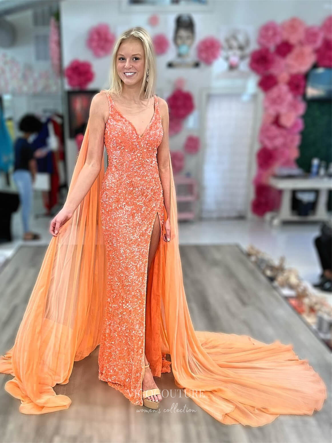 Prom Dress 2025 Sparkly Sequin Mermaid Prom Dresses with Slit Cape Sleeve V-Neck 24135-unique elegant Prom Dresses-Orange-Custom Size-vigocouture