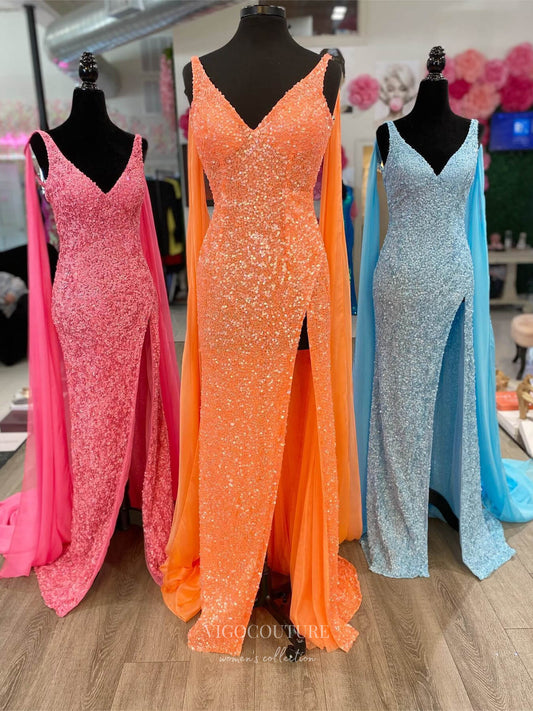 Prom Dress 2025 Sparkly Sequin Mermaid Prom Dresses with Slit Cape Sleeve V-Neck 24135-unique elegant Prom Dresses-Orange-Custom Size-vigocouture