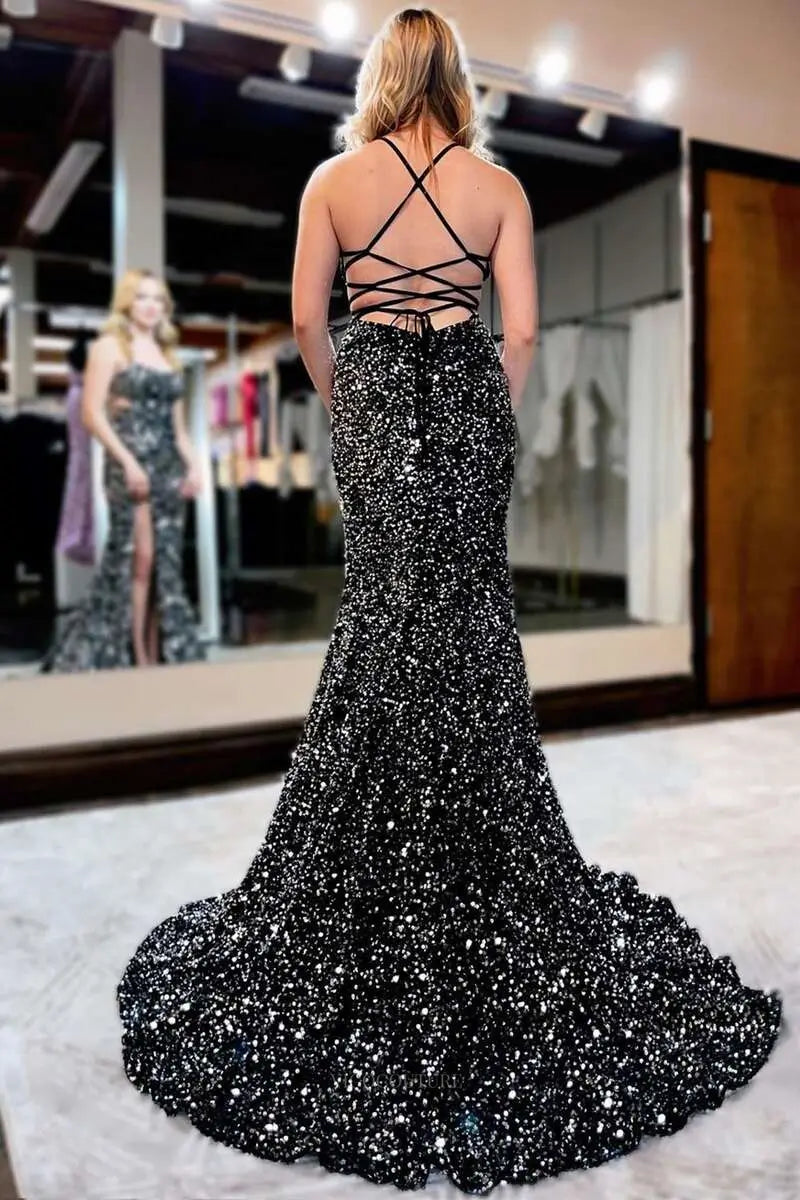 Prom Dresses 2025 to impress Sparkly Sequin Mermaid Prom Dresses with Slit Spaghetti Strap Evening Dress – 25163-vigocouture-vigocouture