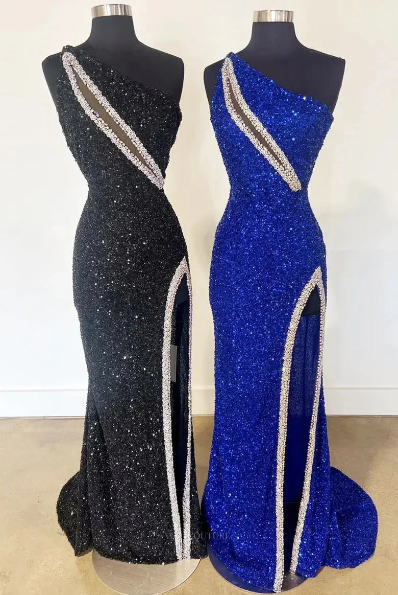 Prom Dresses 2025 to impress Sparkly Sequin One Shoulder Prom Dresses with Slit – 25156-vigocouture-Black-Custom Size-vigocouture