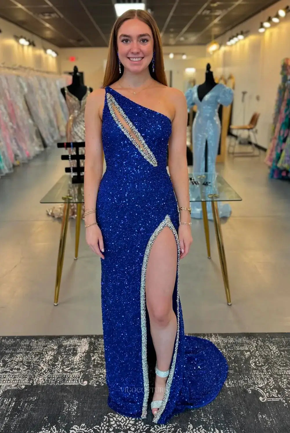 Prom Dresses 2025 to impress Sparkly Sequin One Shoulder Prom Dresses with Slit – 25156-vigocouture-Blue-Custom Size-vigocouture