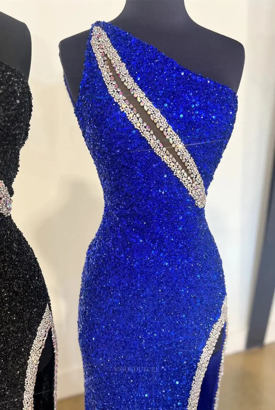 Prom Dresses 2025 to impress Sparkly Sequin One Shoulder Prom Dresses with Slit – 25156-vigocouture-vigocouture