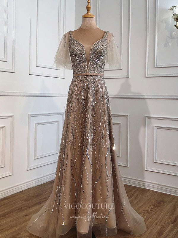 Prom Dress 2025 Sparkly Sequin Prom Dresses Short Sleeve Formal Dresses 21283-unique elegant Prom Dresses-As Pictured-US2-vigocouture