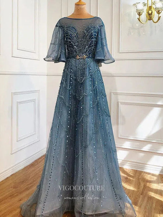 Prom Dress 2025 Sparkly Sequin Prom Dresses Short Sleeve Formal Dresses 21284-unique elegant Prom Dresses-Blue-US2-vigocouture