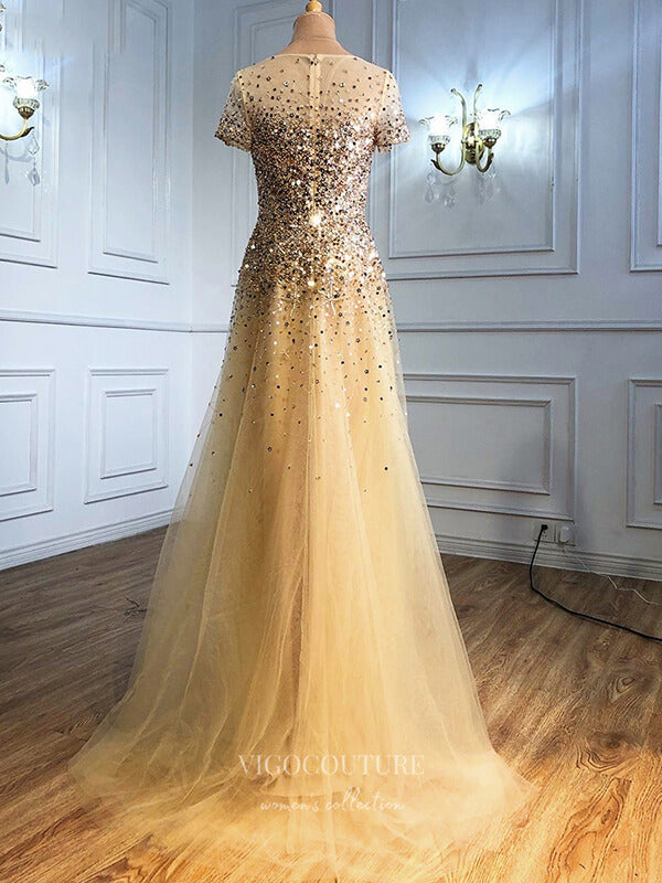 Prom Dress 2025 Sparkly Sequin Prom Dresses Short Sleeve Formal Dresses 21286-unique elegant Prom Dresses-Champagne-US2-vigocouture