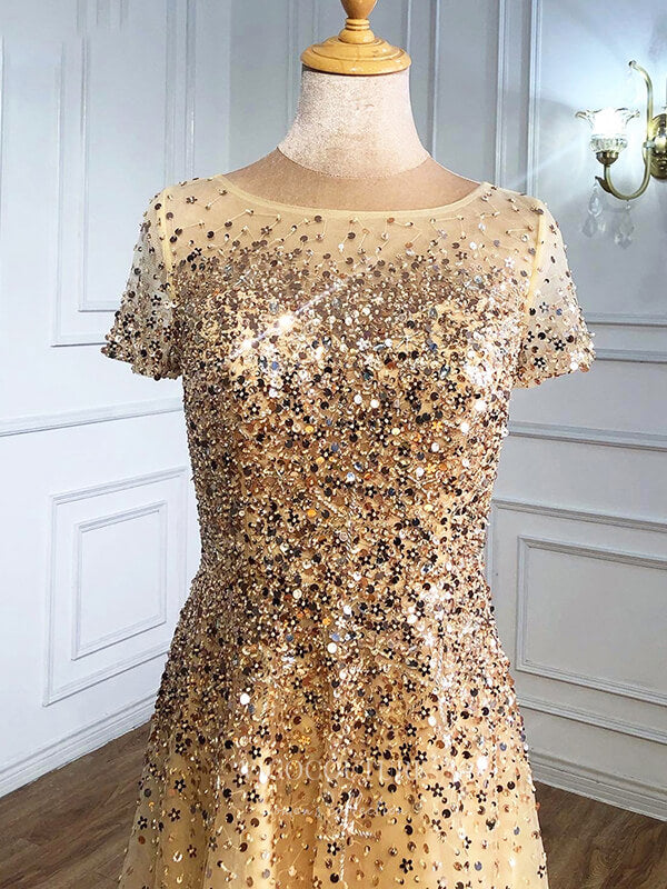 Prom Dress 2025 Sparkly Sequin Prom Dresses Short Sleeve Formal Dresses 21286-unique elegant Prom Dresses-Champagne-US2-vigocouture