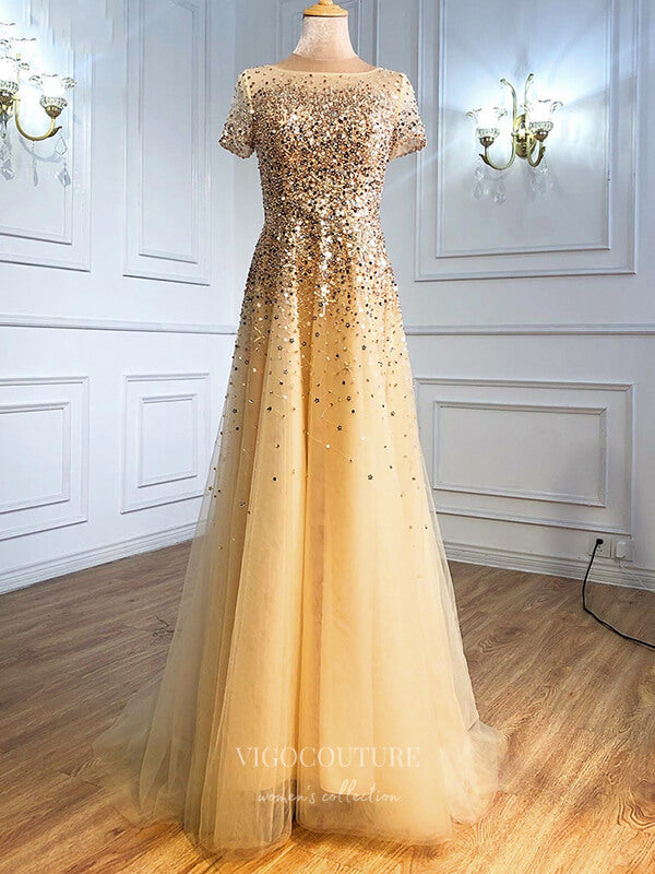 Prom Dress 2025 Sparkly Sequin Prom Dresses Short Sleeve Formal Dresses 21286-unique elegant Prom Dresses-Champagne-US2-vigocouture