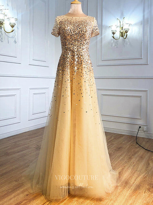 Prom Dress 2025 Sparkly Sequin Prom Dresses Short Sleeve Formal Dresses 21286-unique elegant Prom Dresses-Champagne-US2-vigocouture