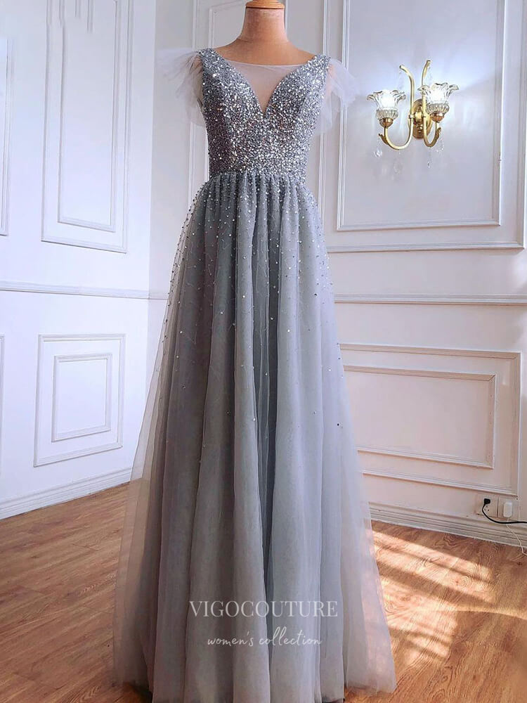 Prom Dress 2025 Sparkly Sequin Prom Dresses Short Sleeve Formal Dresses 21293-unique elegant Prom Dresses-As Pictured-US2-vigocouture