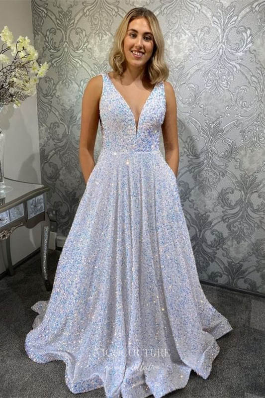 Prom Dress 2025 Sparkly Sequin Prom Dresses Spaghetti Strap Plunging V-Neck Evening Gown 21889-unique elegant Prom Dresses-Ivory-US2-vigocouture