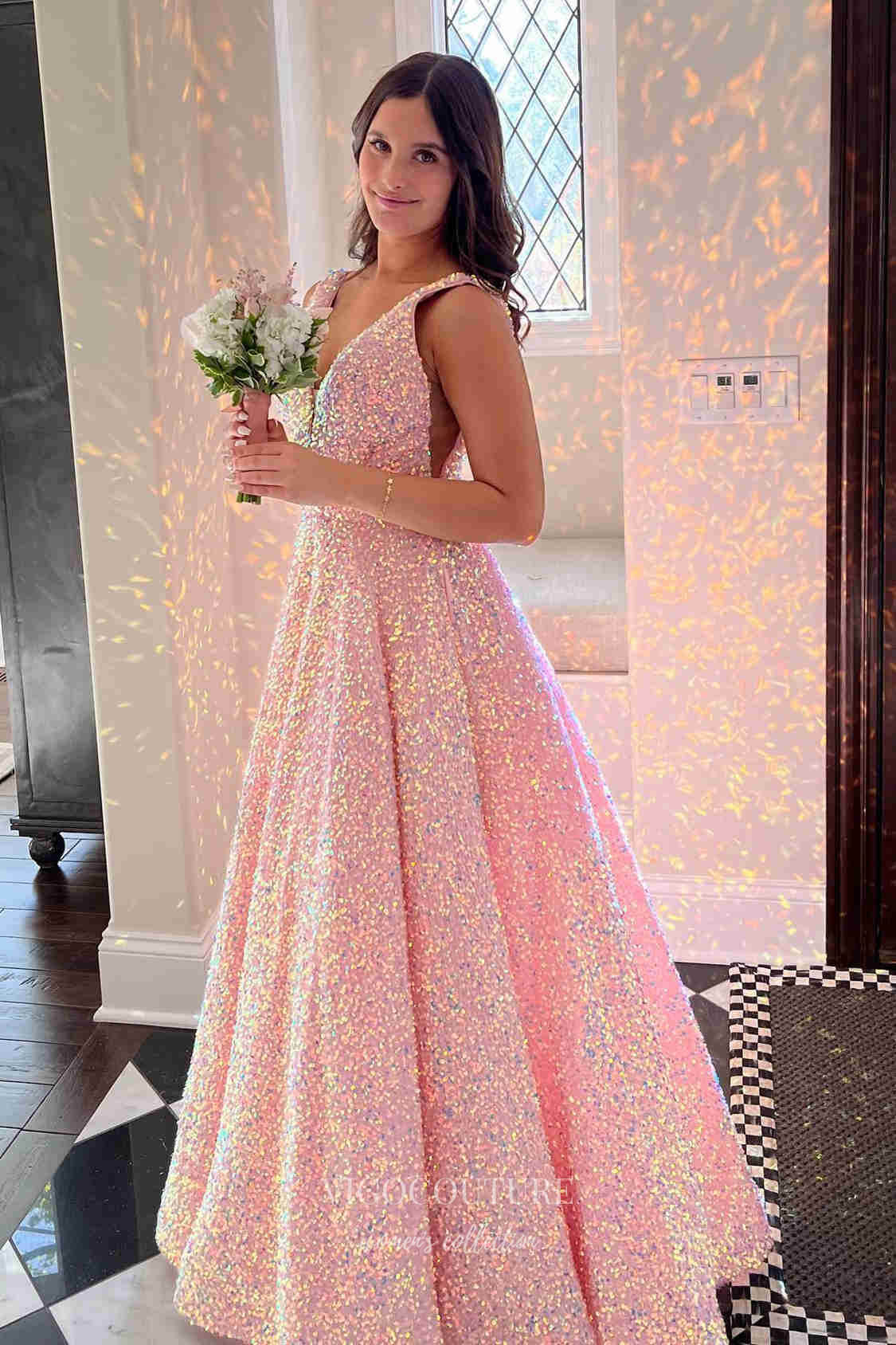 Prom Dress 2025 Sparkly Sequin Prom Dresses Spaghetti Strap Plunging V-Neck Evening Gown 21889-unique elegant Prom Dresses-Pink-US2-vigocouture