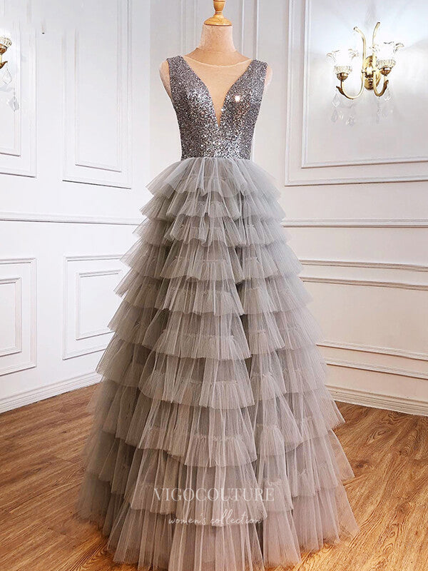 grey sparkly prom dress Ballbella Silver Grey Sequins Prom Dress Mermaid With Beads main image 1