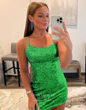 Short Prom Dresses 2025 Sparkly Sequin Spaghetti Strap Homecoming Dresses Cheap Corset Back Graduation Dress hc442-Prom Dresses-vigocouture-Green-Custom Size-vigocouture