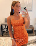 Short Prom Dresses 2025 Sparkly Sequin Spaghetti Strap Homecoming Dresses Cheap Corset Back Graduation Dress hc442-Prom Dresses-vigocouture-Orange-Custom Size-vigocouture