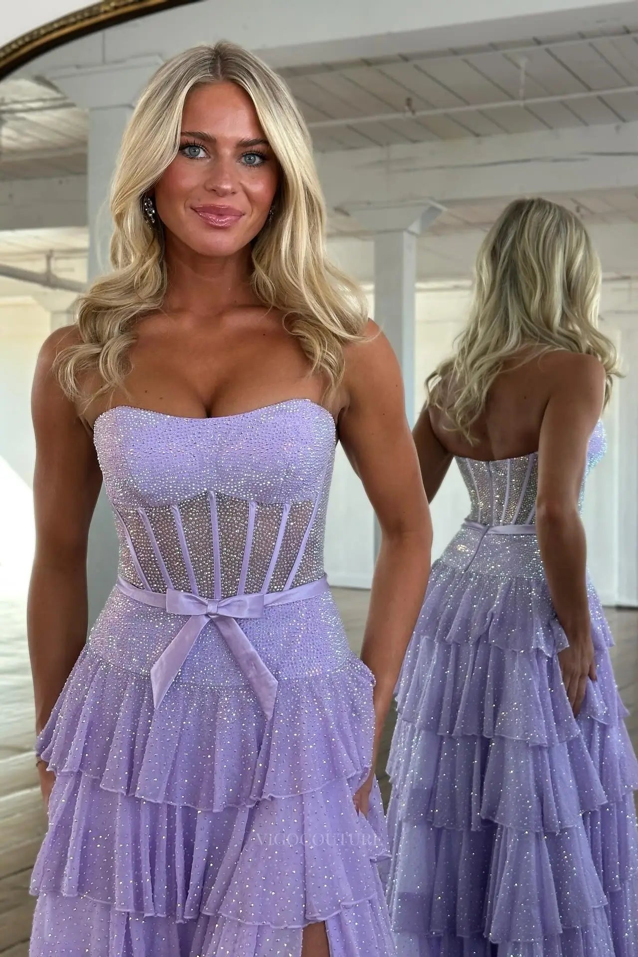 Prom Dresses 2025 to impress Sparkly Strapless Tiered Prom Dress with Sheer Corset Bodice & High Slit – 26138-vigocouture-vigocouture