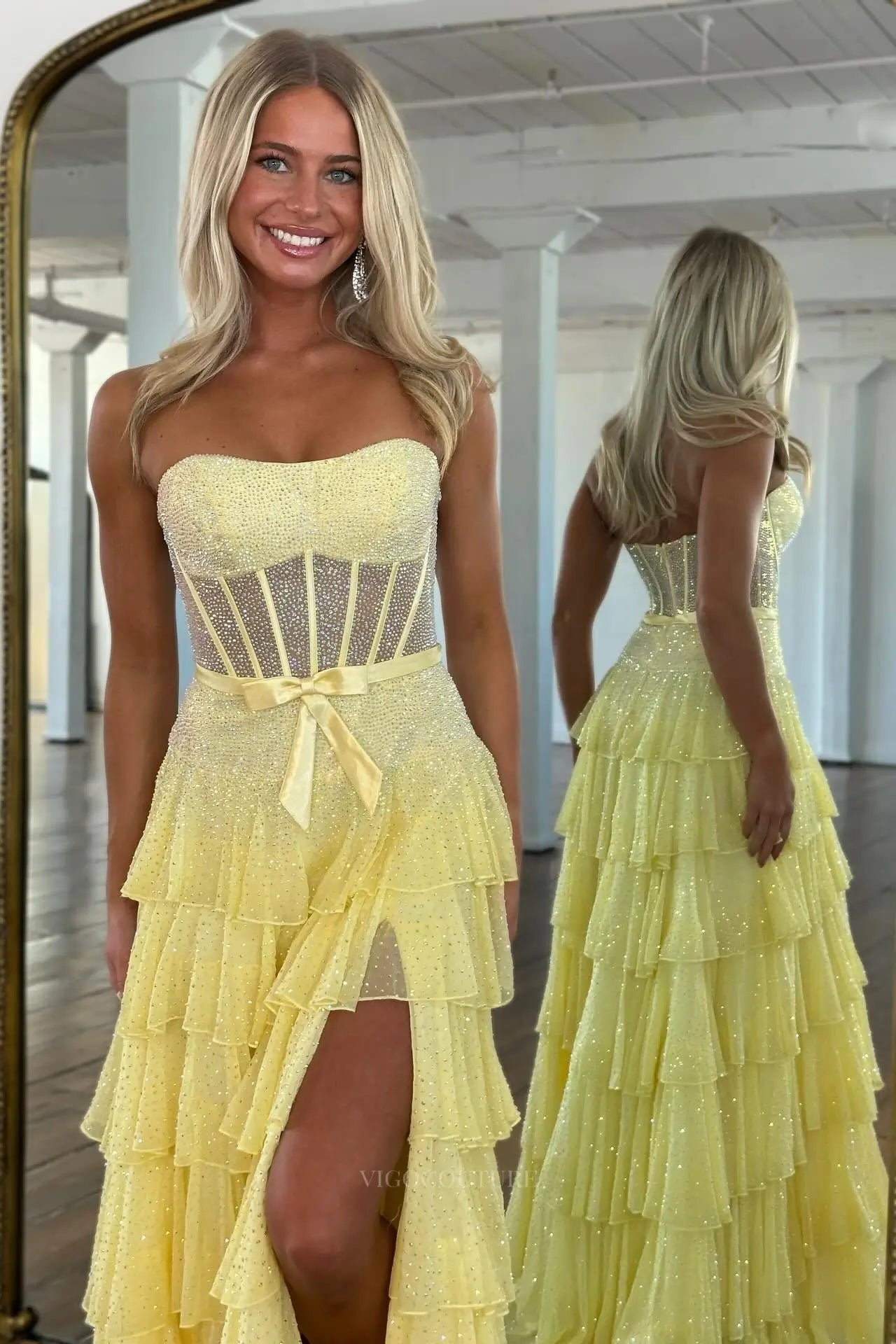 Prom Dresses 2025 to impress Sparkly Strapless Tiered Prom Dress with Sheer Corset Bodice & High Slit – 26138-vigocouture-vigocouture