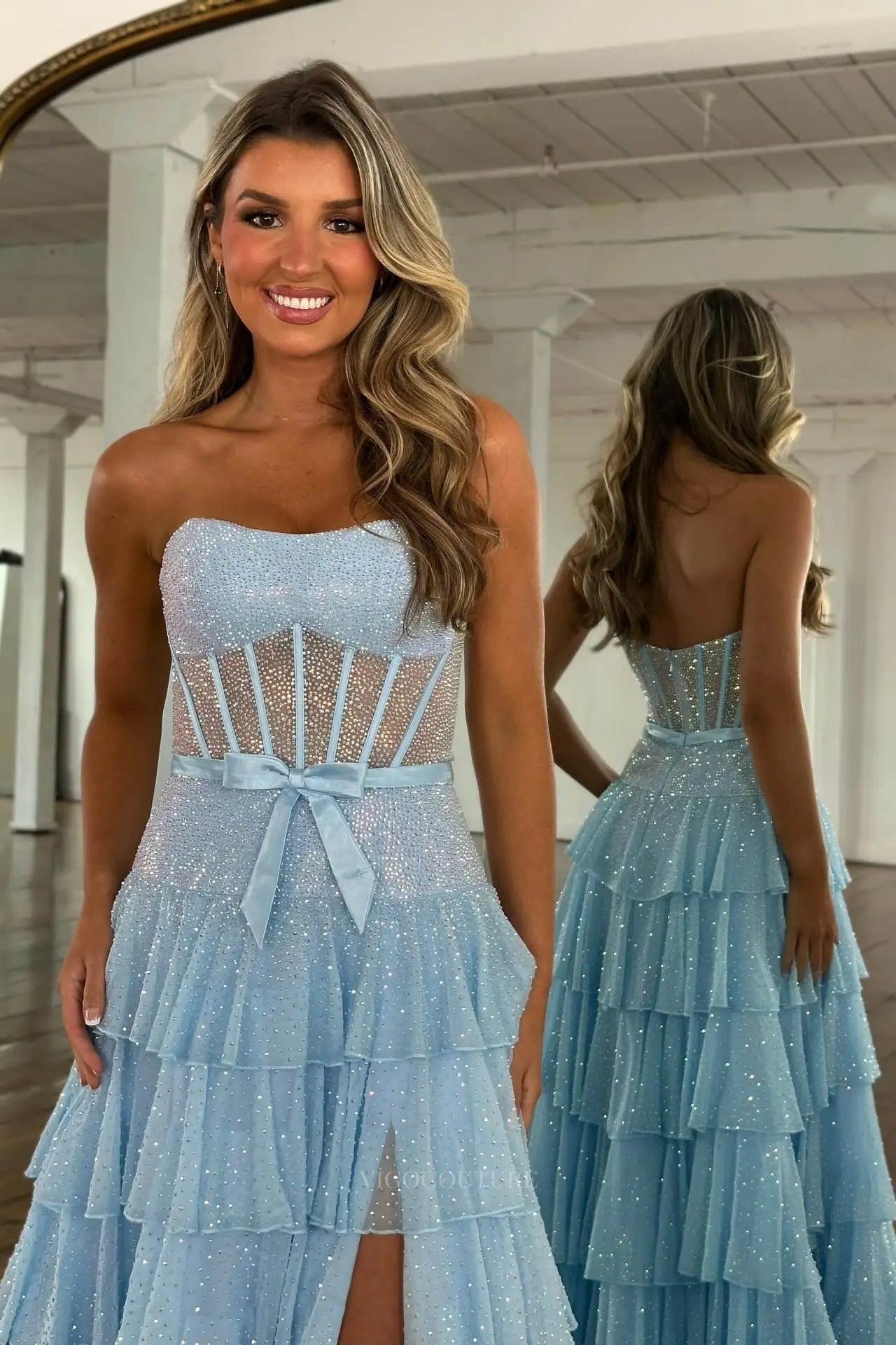Prom Dresses 2025 to impress Sparkly Strapless Tiered Prom Dress with Sheer Corset Bodice & High Slit – 26138-vigocouture-vigocouture