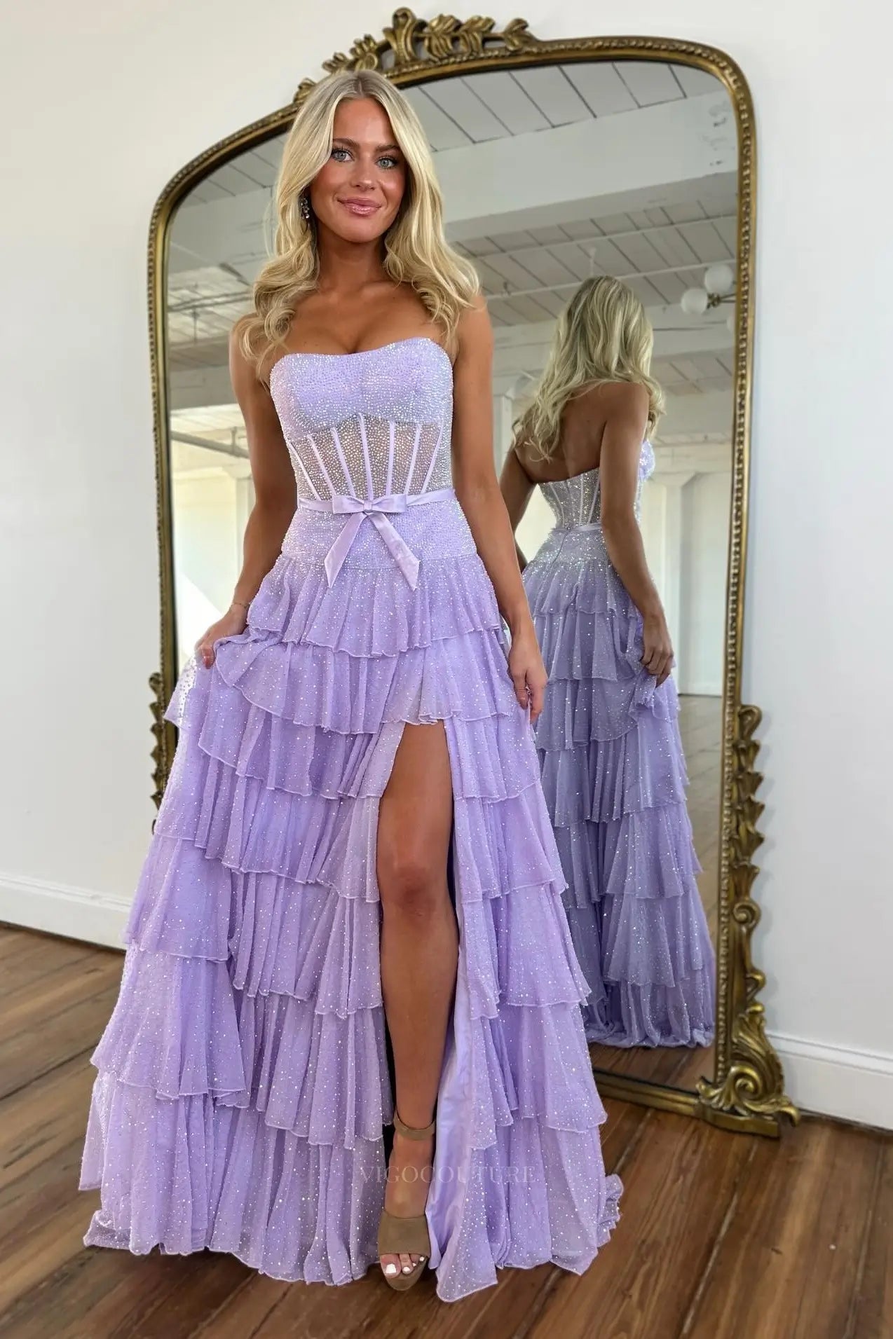 Prom Dresses 2025 to impress Sparkly Strapless Tiered Prom Dress with Sheer Corset Bodice & High Slit – 26138-vigocouture-Lavender-US 0-vigocouture