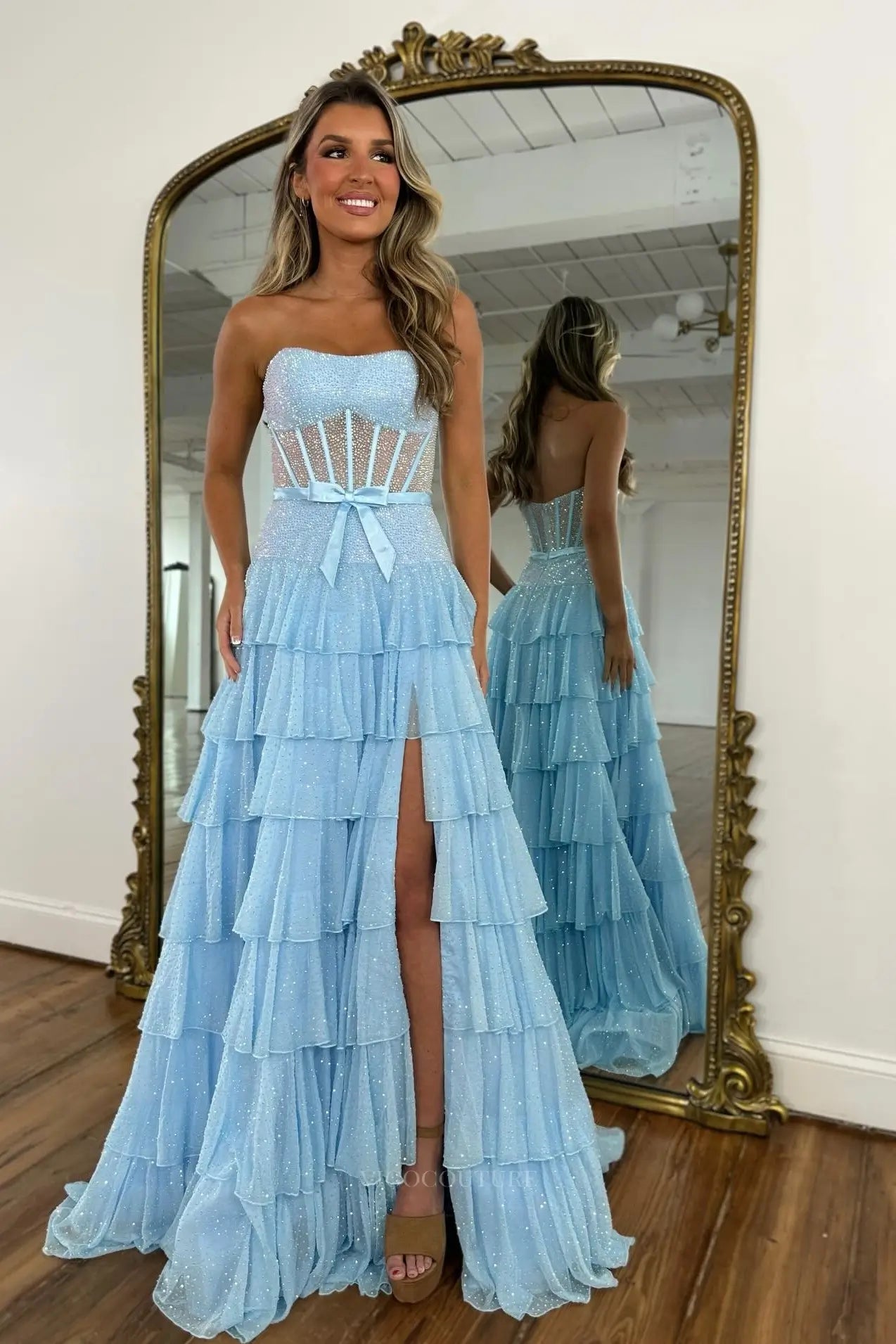 Prom Dresses 2025 to impress Sparkly Strapless Tiered Prom Dress with Sheer Corset Bodice & High Slit – 26138-vigocouture-Light Blue-US 0-vigocouture