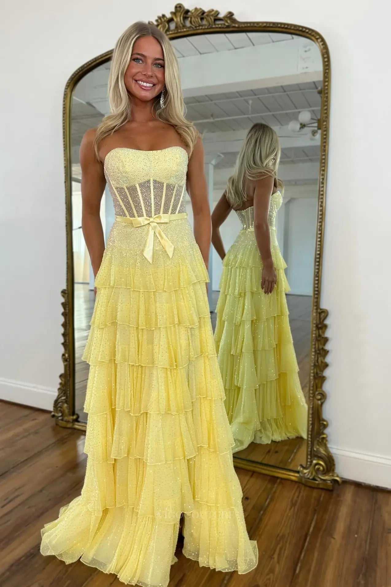 Prom Dresses 2025 to impress Sparkly Strapless Tiered Prom Dress with Sheer Corset Bodice & High Slit – 26138-vigocouture-Yellow-US 0-vigocouture