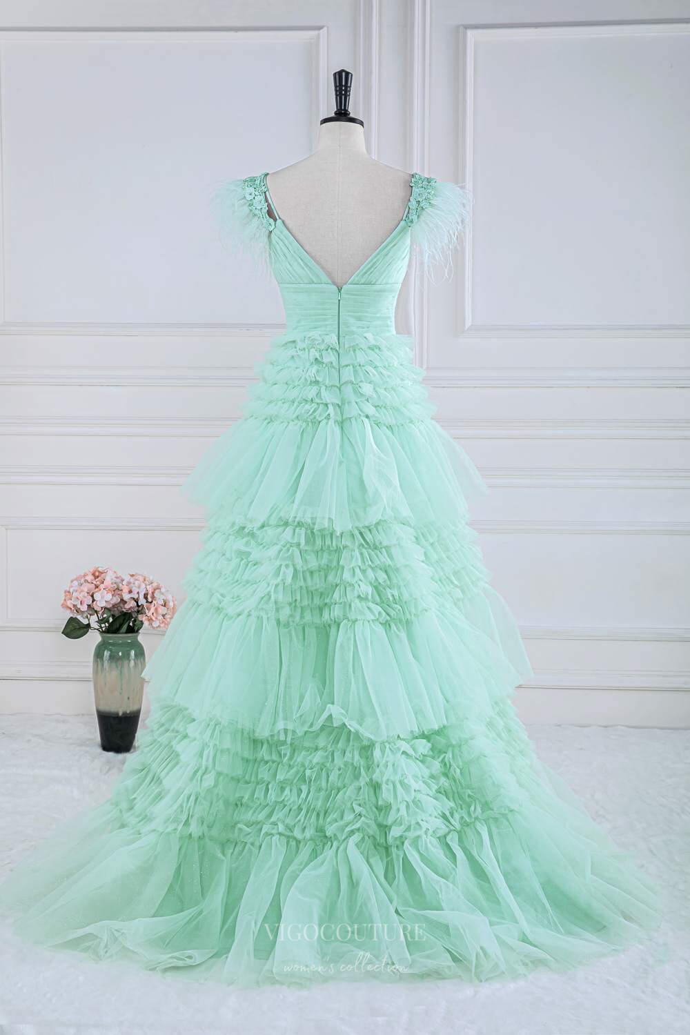 Prom Dress 2025 Sparkly Tiered Ruffled Prom Dresses Feather Off the Shoulder Pleated Bodice 24336-unique elegant Prom Dresses-Light Green-Custom Size-vigocouture