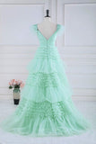 Prom Dress 2025 Sparkly Tiered Ruffled Prom Dresses Feather Off the Shoulder Pleated Bodice 24336-unique elegant Prom Dresses-Light Green-Custom Size-vigocouture