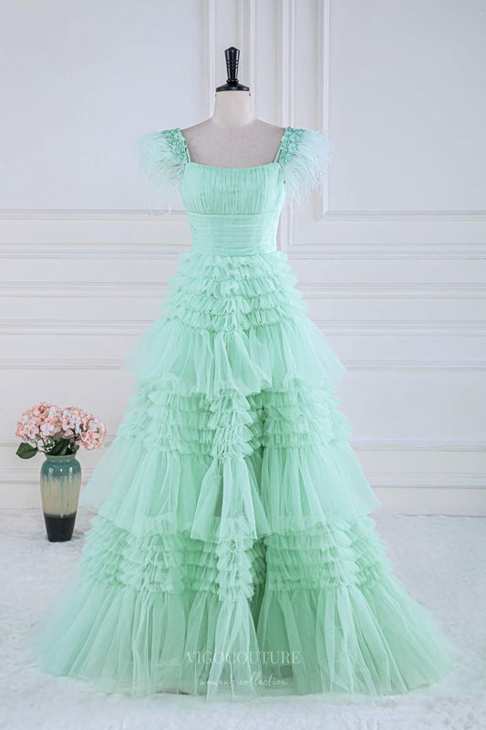 Prom Dress 2025 Sparkly Tiered Ruffled Prom Dresses Feather Off the Shoulder Pleated Bodice 24336-unique elegant Prom Dresses-Light Green-Custom Size-vigocouture