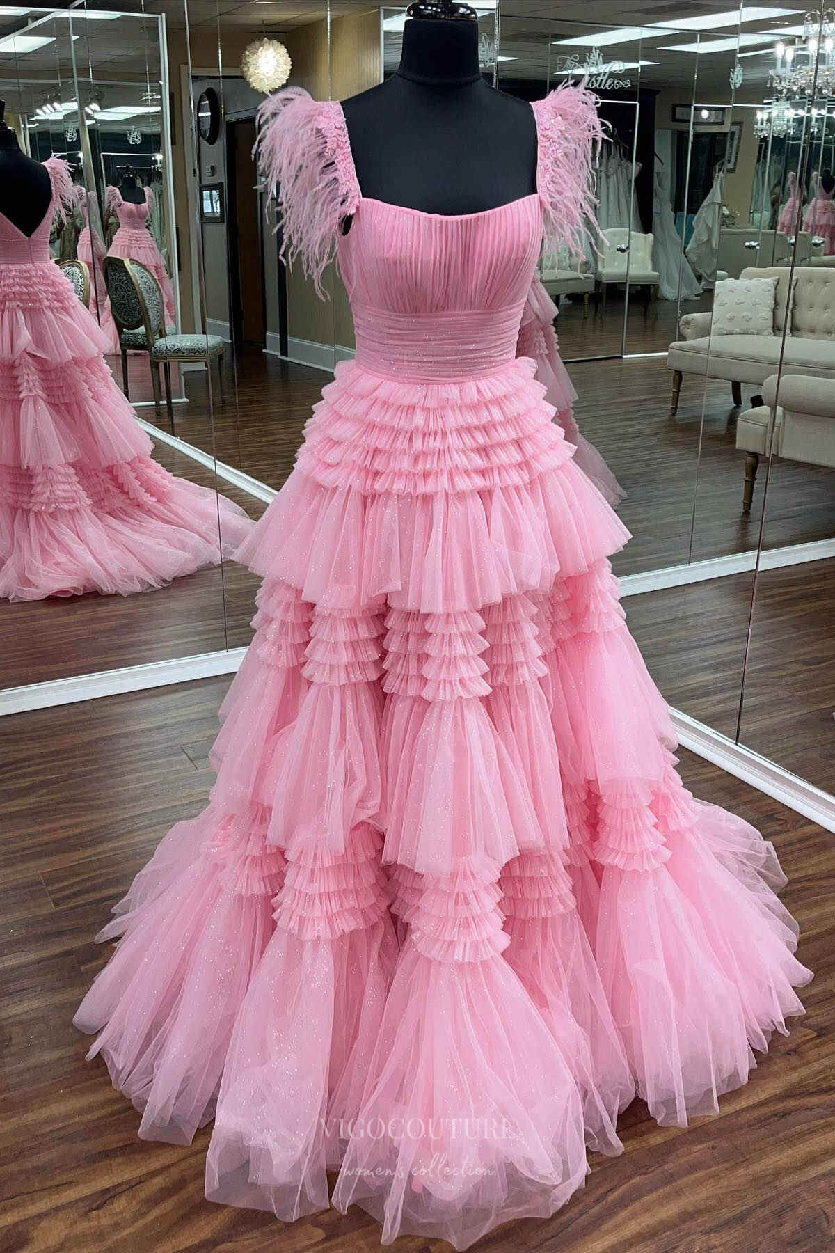 Prom Dress 2025 Sparkly Tiered Ruffled Prom Dresses Feather Off the Shoulder Pleated Bodice 24336-unique elegant Prom Dresses-Pink-Custom Size-vigocouture